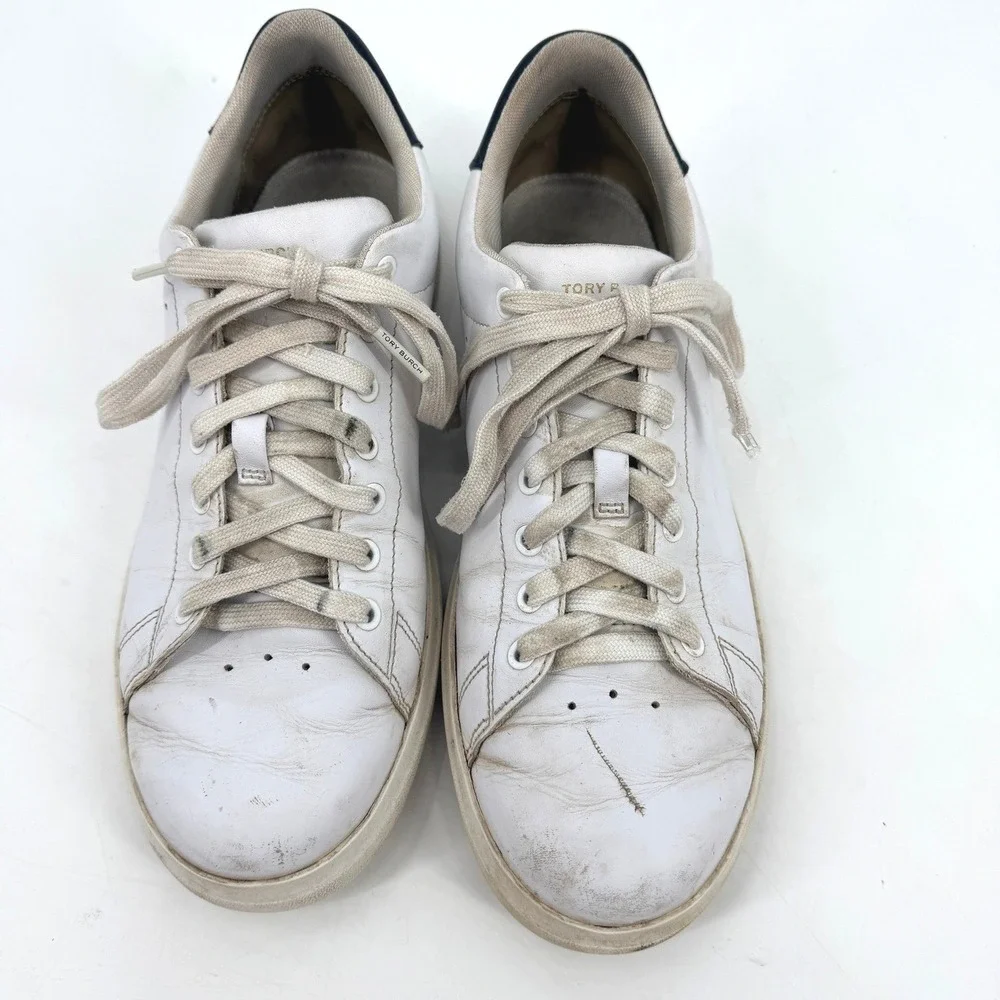 Tory Burch Howell Court Sneakers White Leather Navy Logo Low Top Womens Shoes‎ 9